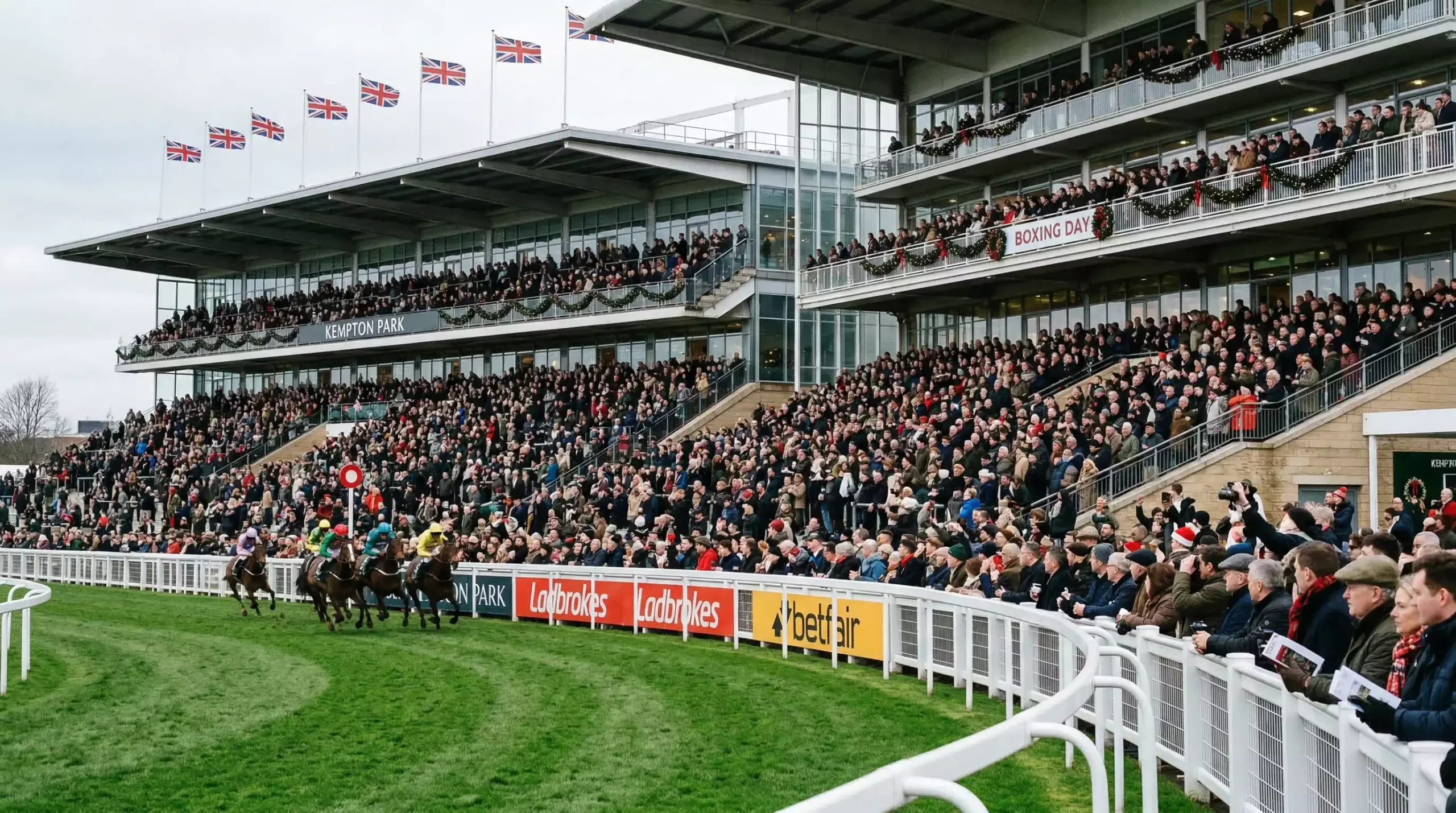 Kempton Park racecourse grandstand filled with spectators during the Christmas Festival