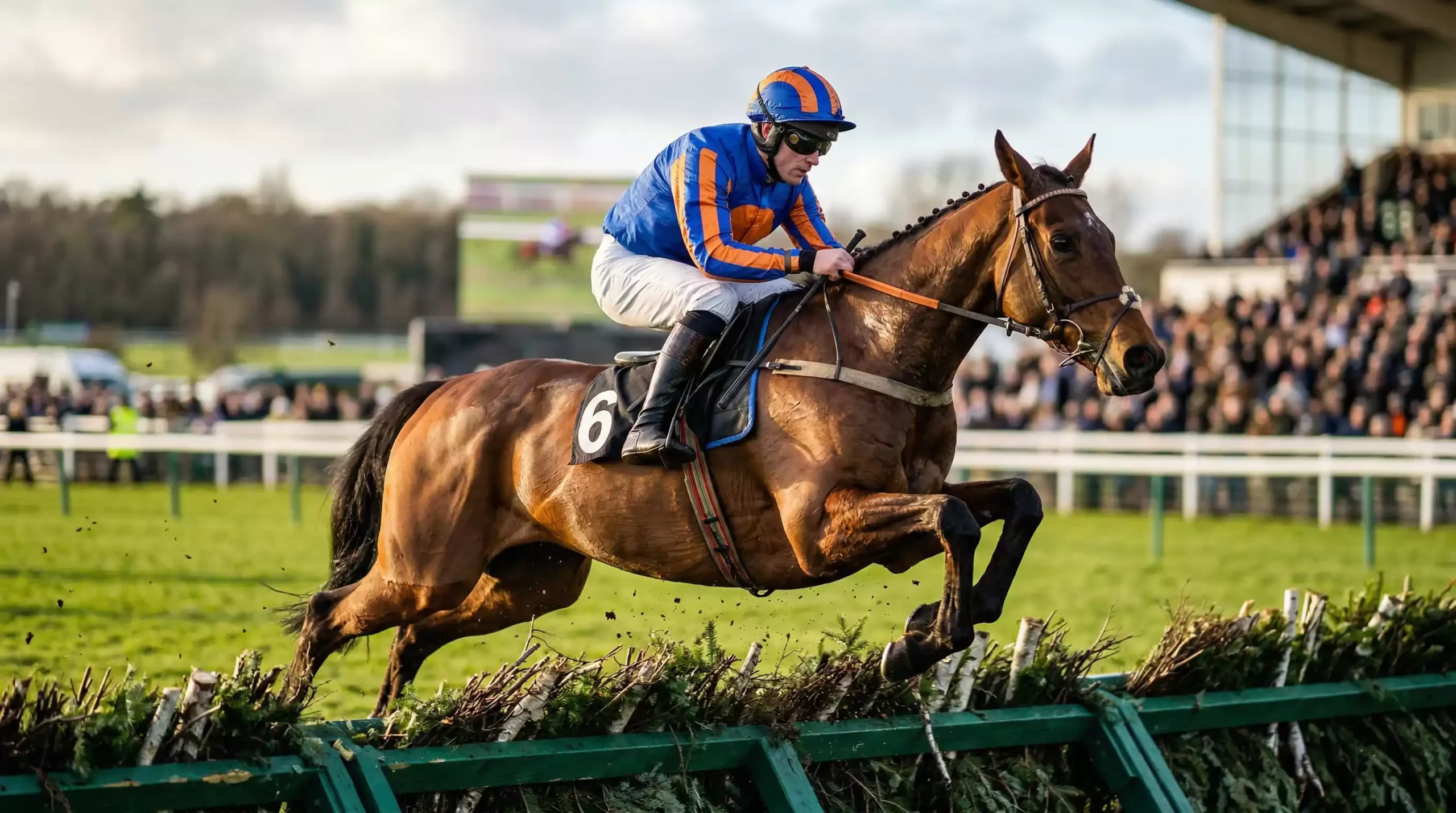 Steeplechase horse and jockey jumping fence at Kempton Park racecourse on Boxing Day