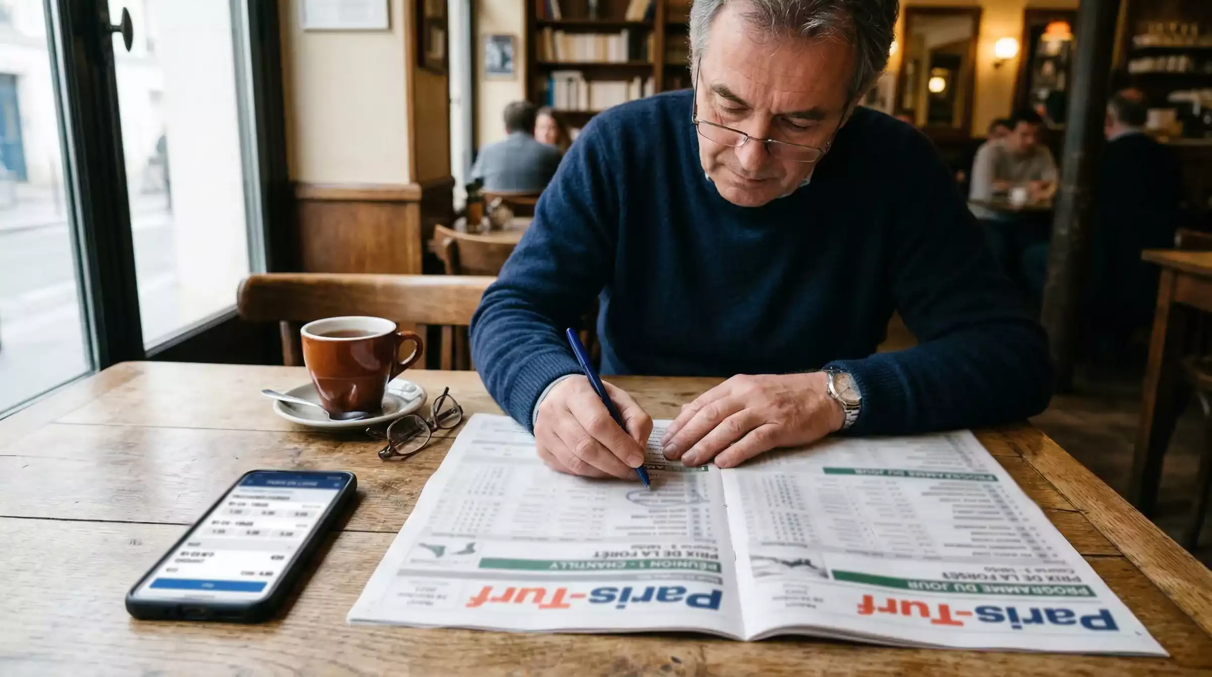 Bettor analysing horse racing form guide and ante-post betting odds