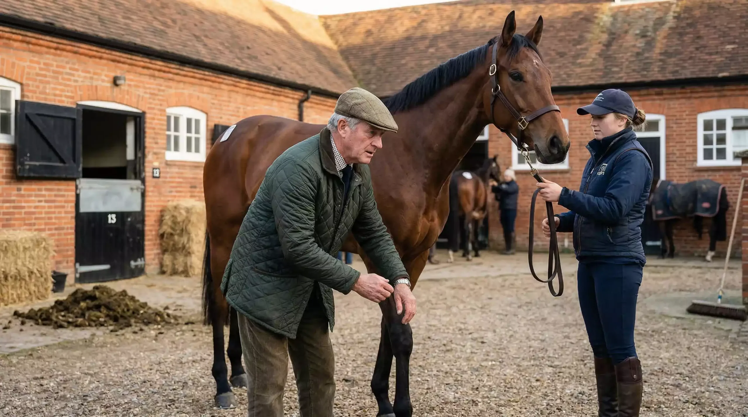 Professional horse trainer examining a racehorse in a British stable yard