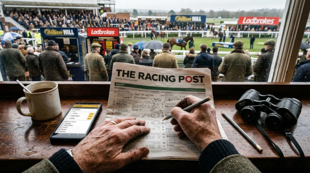 Punter analysing King George VI Chase betting strategy with form guide