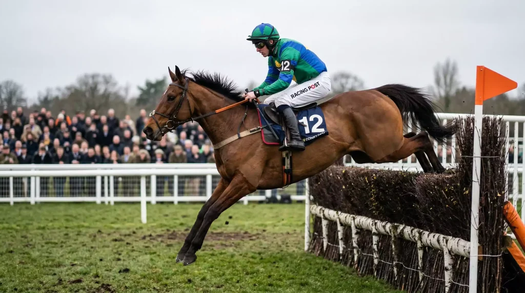 King George jockey riding over steeplechase fence at Kempton
