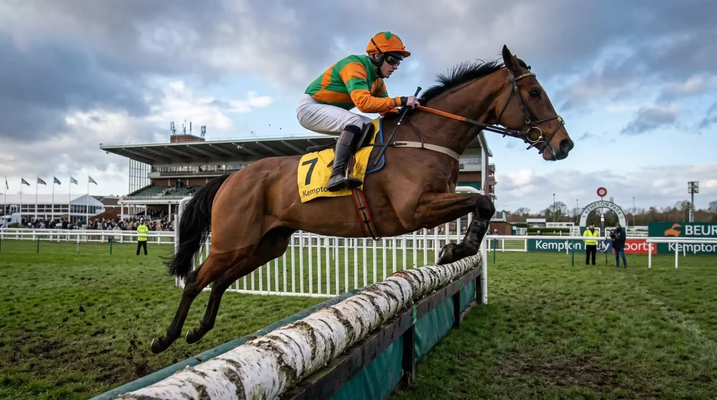Champion steeplechaser jumping fence at Kempton Park