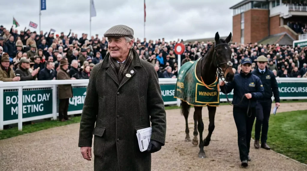 Paul Nicholls celebrating a King George VI Chase victory at Kempton Park